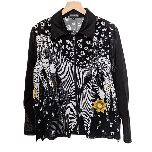 ModeLia Jacket Top Set Womens L Black Animal Print Full Zip Artsy Art To Wear - Picture 1 of 7